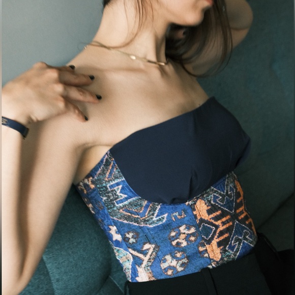 Sapphire Radiance Crop Top - Corset - Navy Blue Vintage Tapestry Handmade - Picture 2 of 4